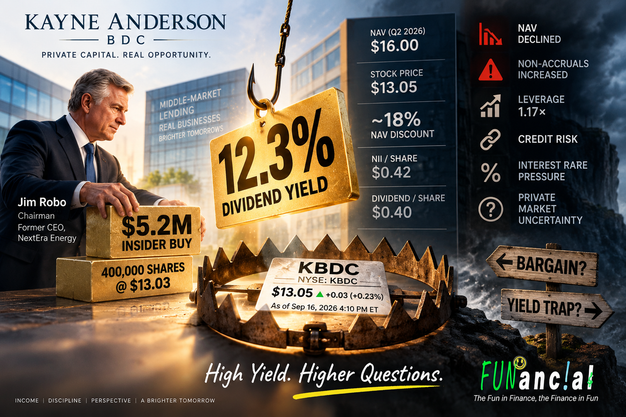 KBDC stock analysis showing a 12.3% yield, $5.2M Jim Robo insider buy and deep NAV discount against rising private-credit risks.
