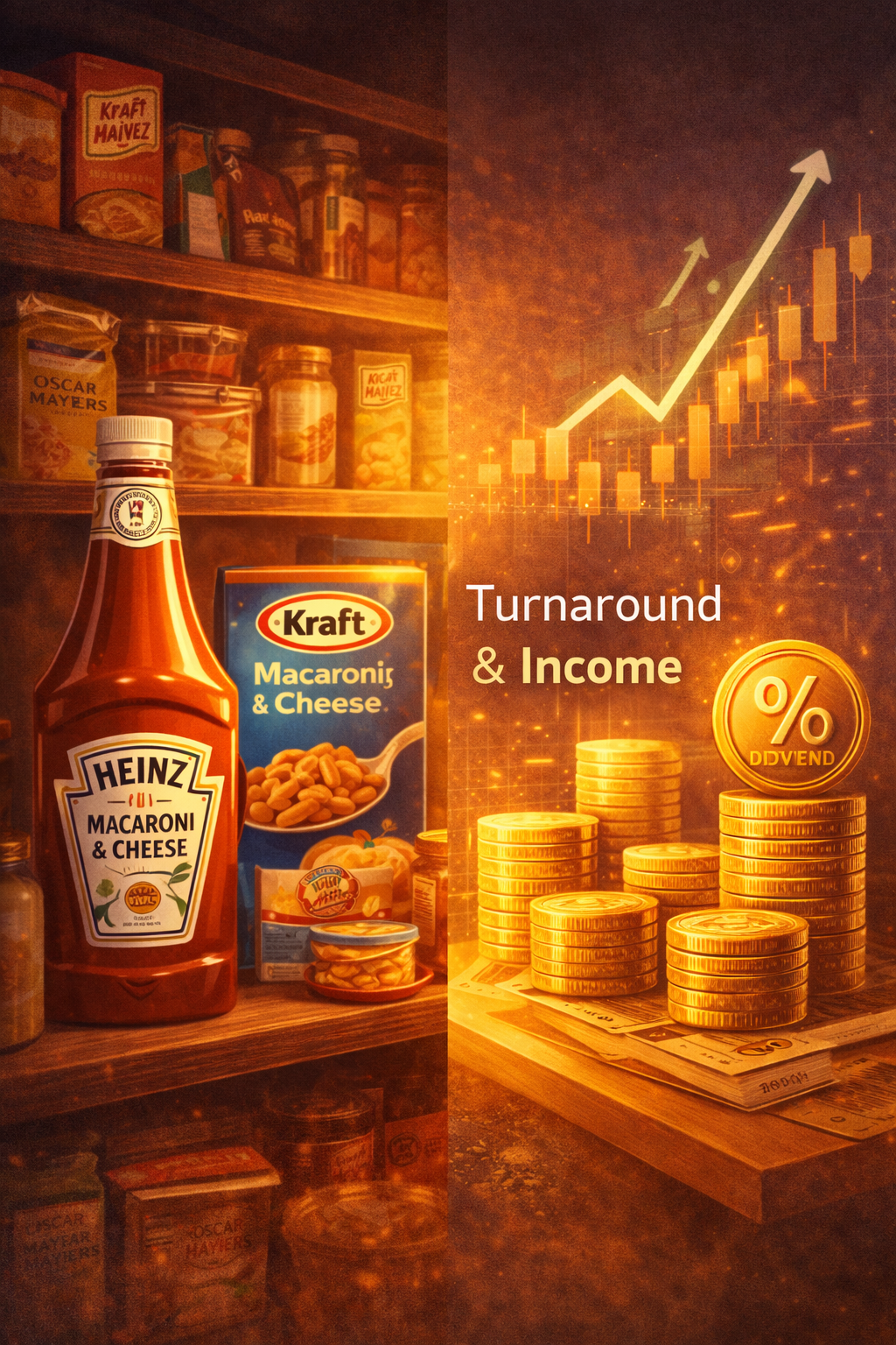 Stylized illustration of a pantry shelf with ketchup and packaged foods on one side and a rising stock chart with dividend coins on the other, symbolizing Kraft Heinz’s turnaround and income investing appeal.