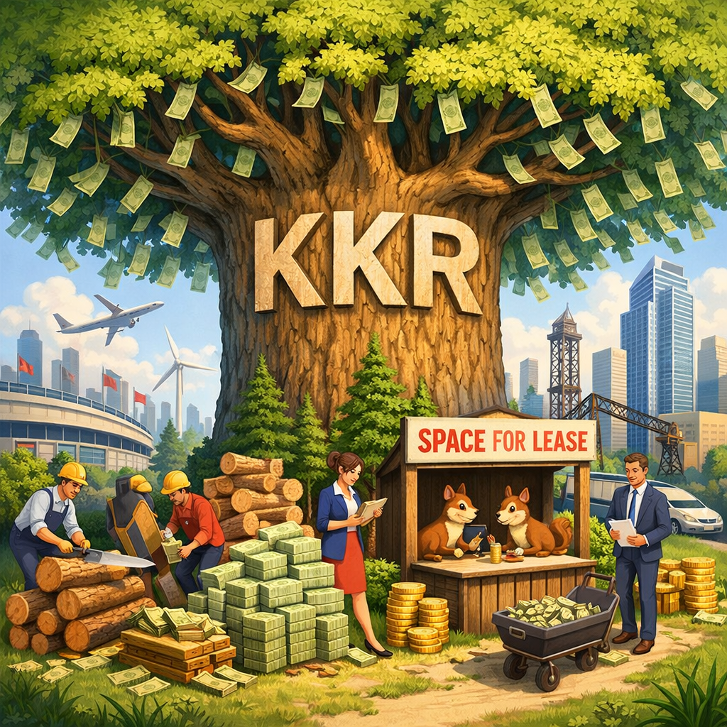 Illustration of a large money forest labeled KKR with investors harvesting assets, symbolizing KKR’s private equity and alternative asset management business