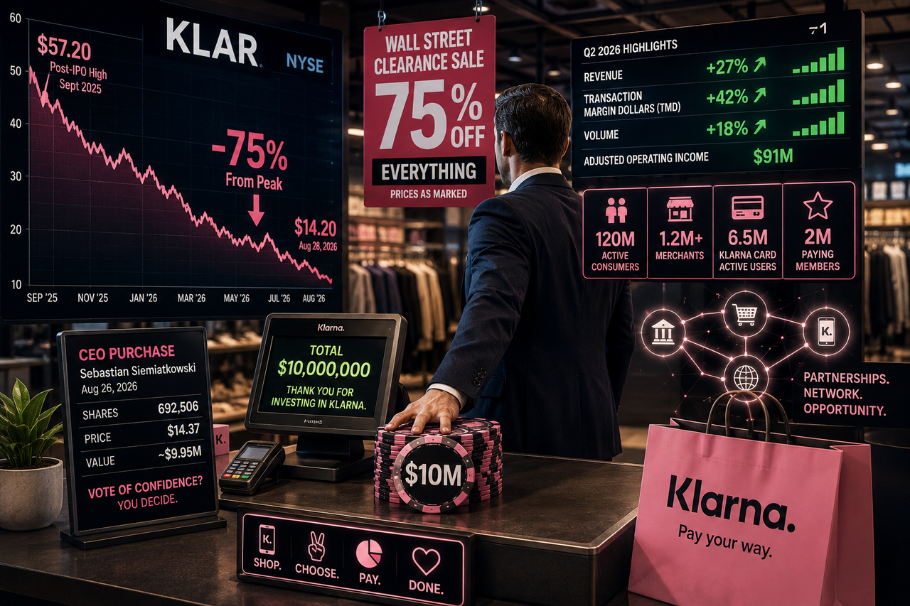 Klarna stock at a Wall Street clearance checkout after a 75% decline as its CEO buys $10M and transaction margin dollars grow 42%.