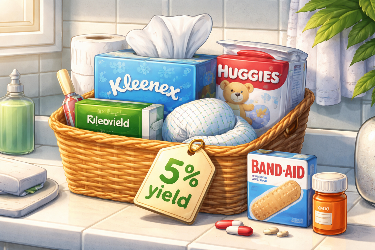 Illustration of Kimberly-Clark brands (tissues and diapers) alongside a Band-Aid and pill bottle, symbolizing KMB’s shift toward health and personal care while highlighting its high dividend yield.