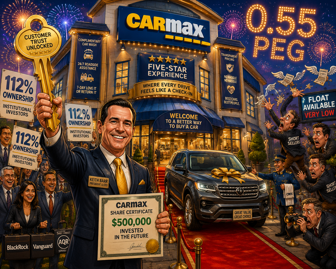 A colorful illustration of a smiling CarMax dealership transformed into a luxury five-star hotel. A CEO proudly holds a giant golden car key in one hand and a stock certificate in the other while buying shares.