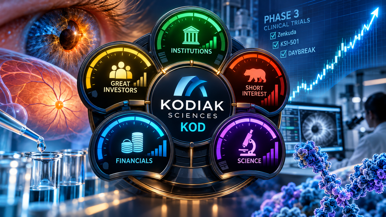 Kodiak Sciences KOD FunStock dashboard tracking institutional ownership, short interest, financials and Phase 3 biotech results.