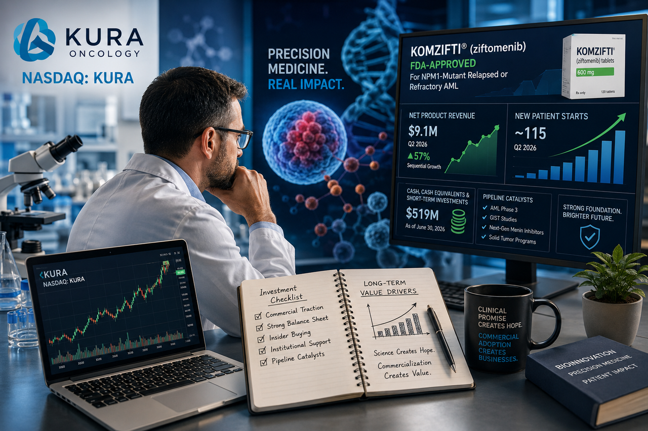 Illustration of a biotechnology researcher and investor reviewing Kura Oncology charts beside a rising oncology treatment pipeline, highlighting KURA stock analysis, KOMZIFTI commercialization and biotech growth.