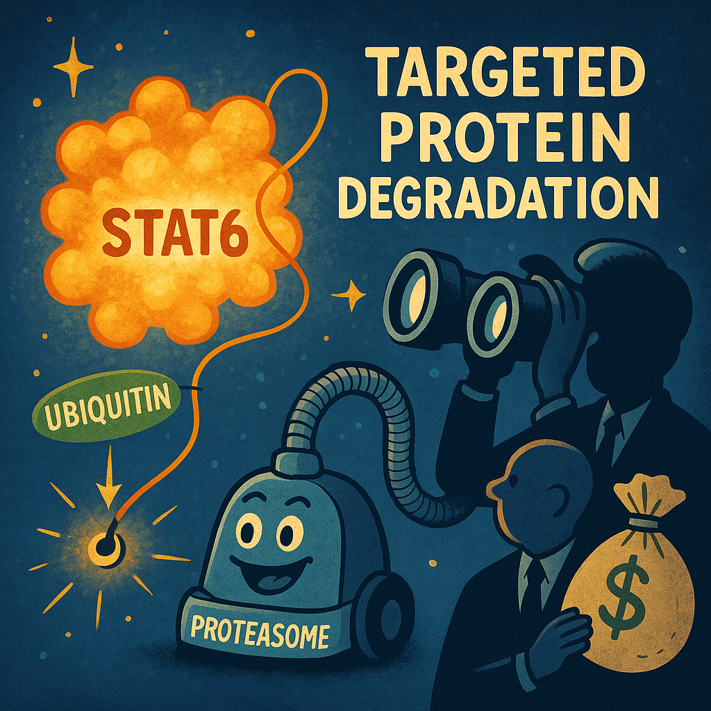 Whimsical illustration of targeted protein degradation: glowing STAT6 protein being tagged with ubiquitin while a proteasome vacuum removes it; Baker Bros figures analyzing the process with excitement; biotech humor meets scientific innovation.