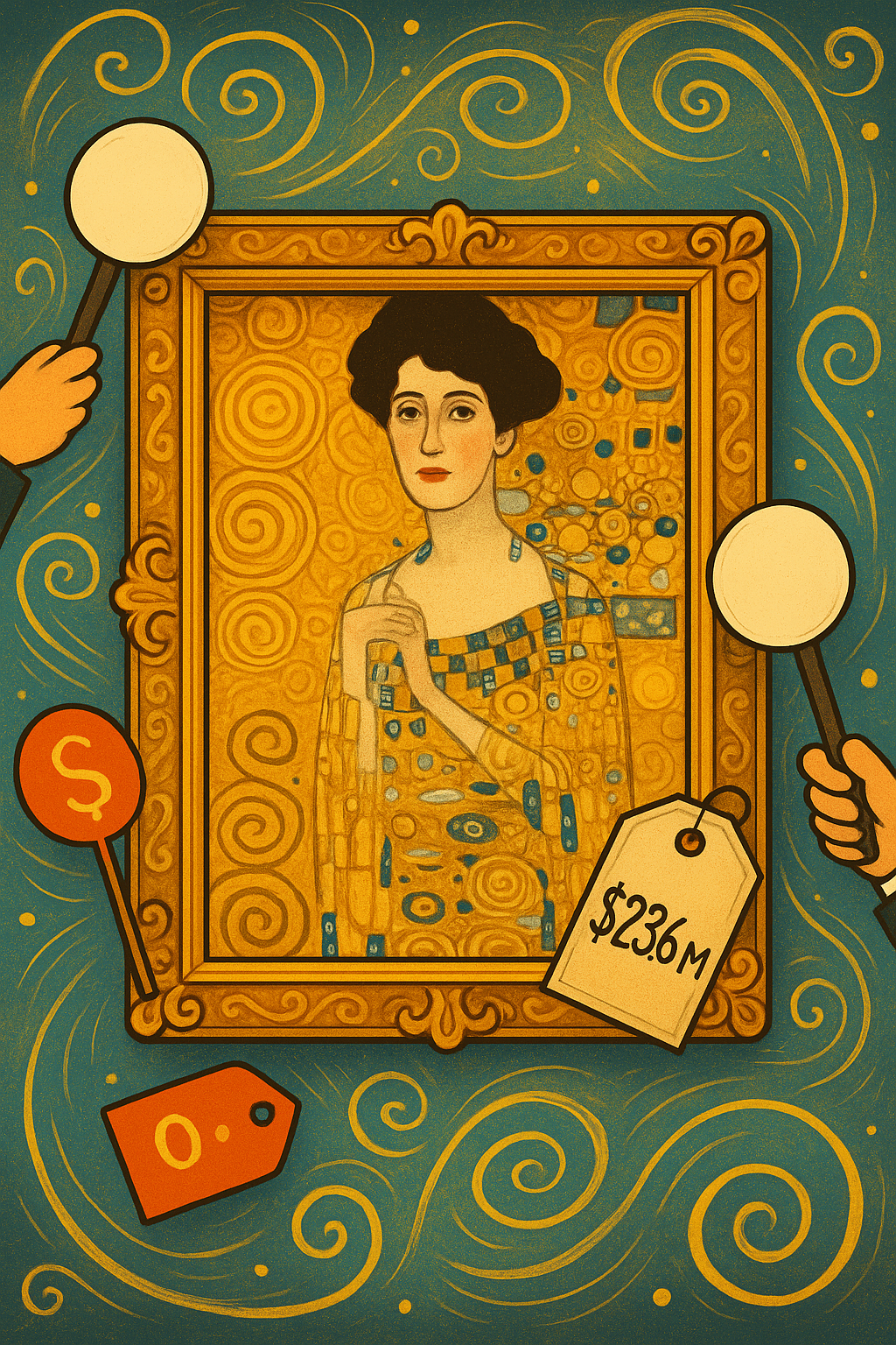 Elegant digital illustration of Klimt’s Portrait of Elisabeth Lederer framed in gold, surrounded by bidding paddles, price tags, and swirling art-market energy.