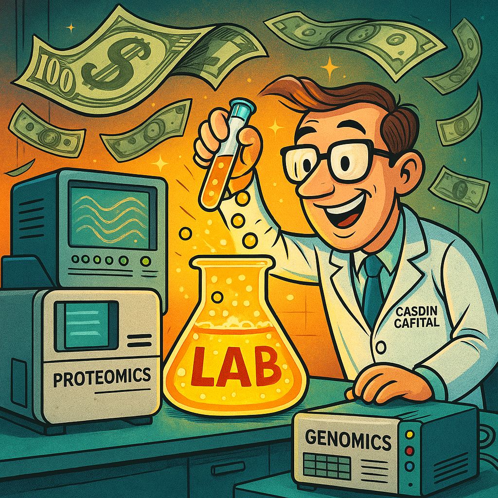 Colorful illustration of a biotech laboratory bench where giant dollar bills swirl around proteomics and genomics machines, while a cartoon Casdin Capital scientist eagerly drops more LAB-branded test tubes into a glowing investment beaker.