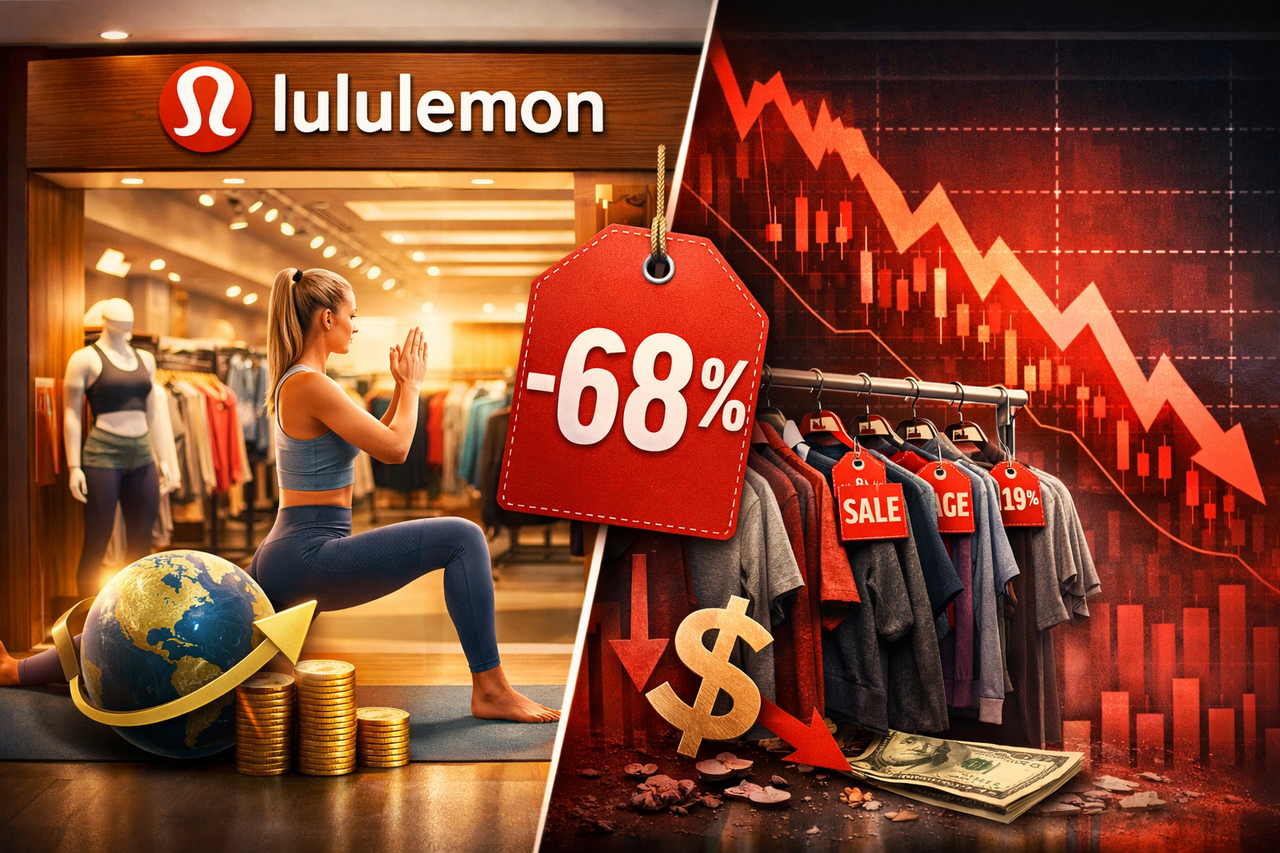 Split image showing Lululemon premium brand versus falling stock price highlighting valuation drop and investment opportunity