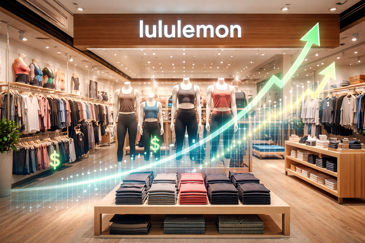 Modern athletic apparel retail scene representing Lululemon stock analysis and consumer brand investing