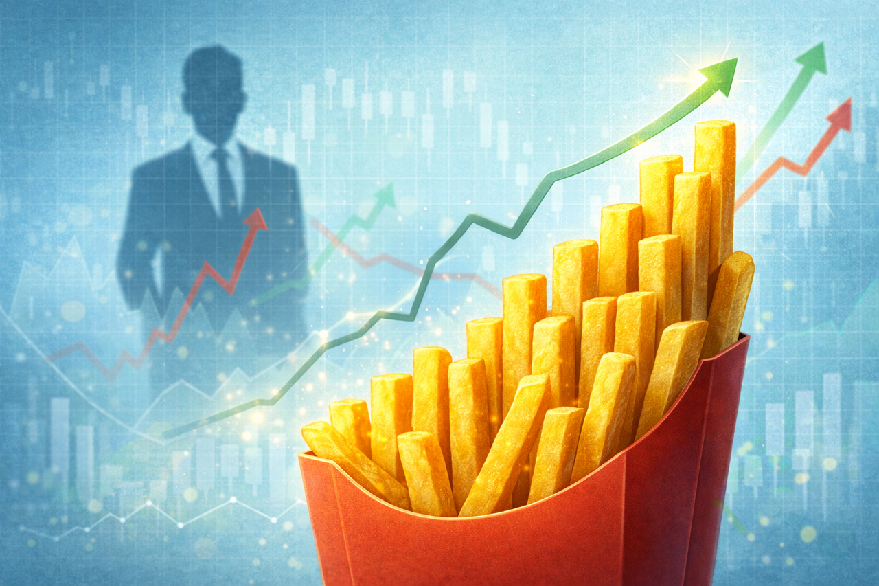 Illustration of golden french fries forming a rising stock chart, symbolizing Lamb Weston’s turnaround, insider buying, and the battle between volume growth and margin pressure.