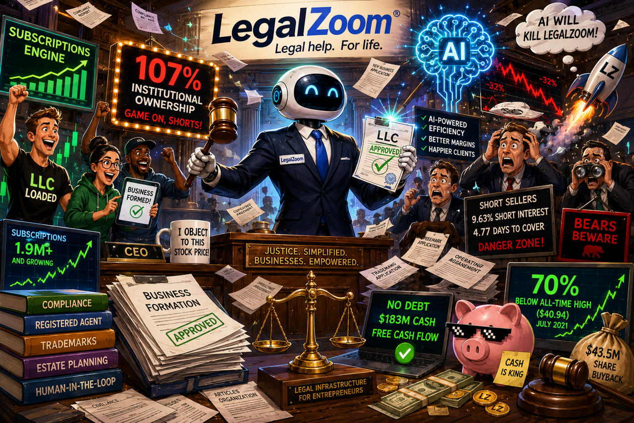 Humorous and energetic illustration of a modern digital courtroom where a confident LegalZoom-style legal-tech robot lawyer in a sharp suit battles panicked short sellers while entrepreneurs celebrate filing LLC paperwork on glowing holographic screens.