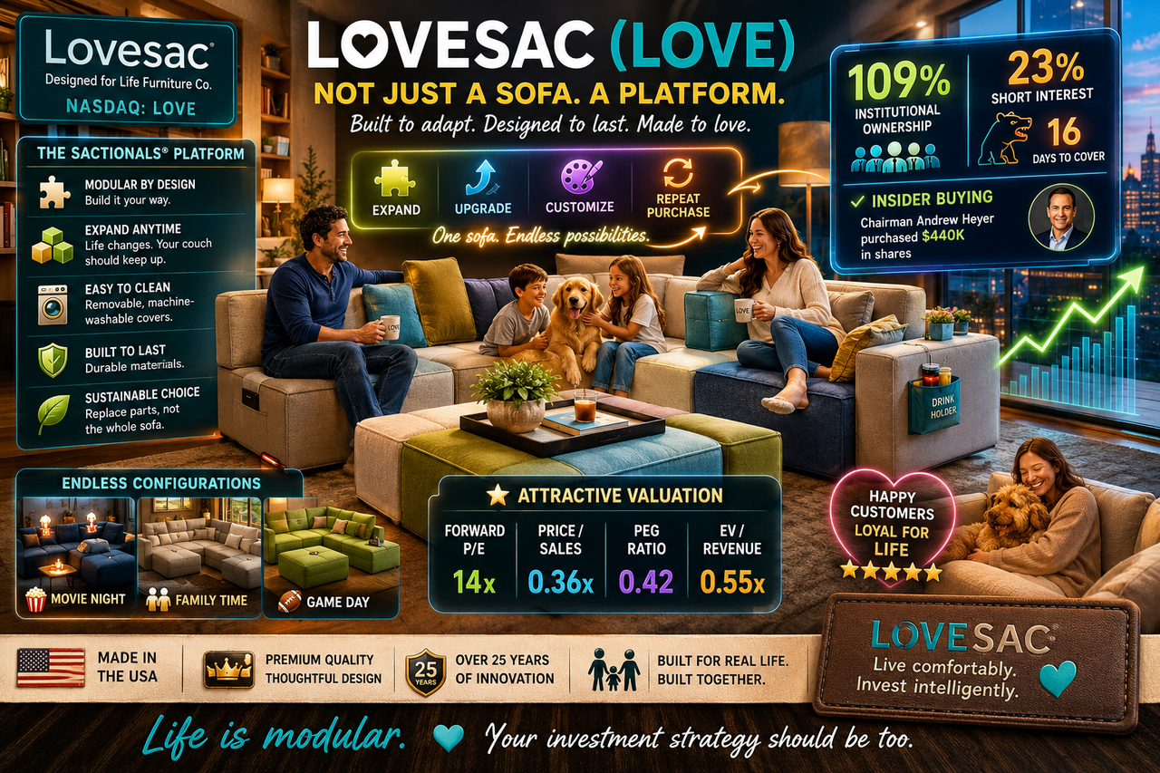 A living room featuring a modular Lovesac-style sectional transforming like building blocks into multiple configurations. Each section glows with labels such as 