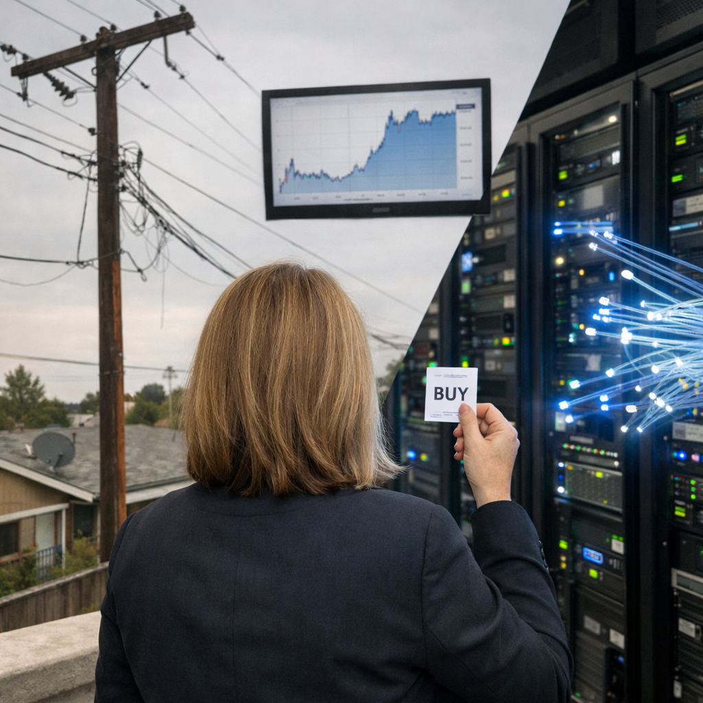 Illustration showing Lumen’s shift from legacy telecom to AI fiber infrastructure, with fading copper lines, glowing fiber cables, a data center, and a rising stock chart symbolizing the turnaround.