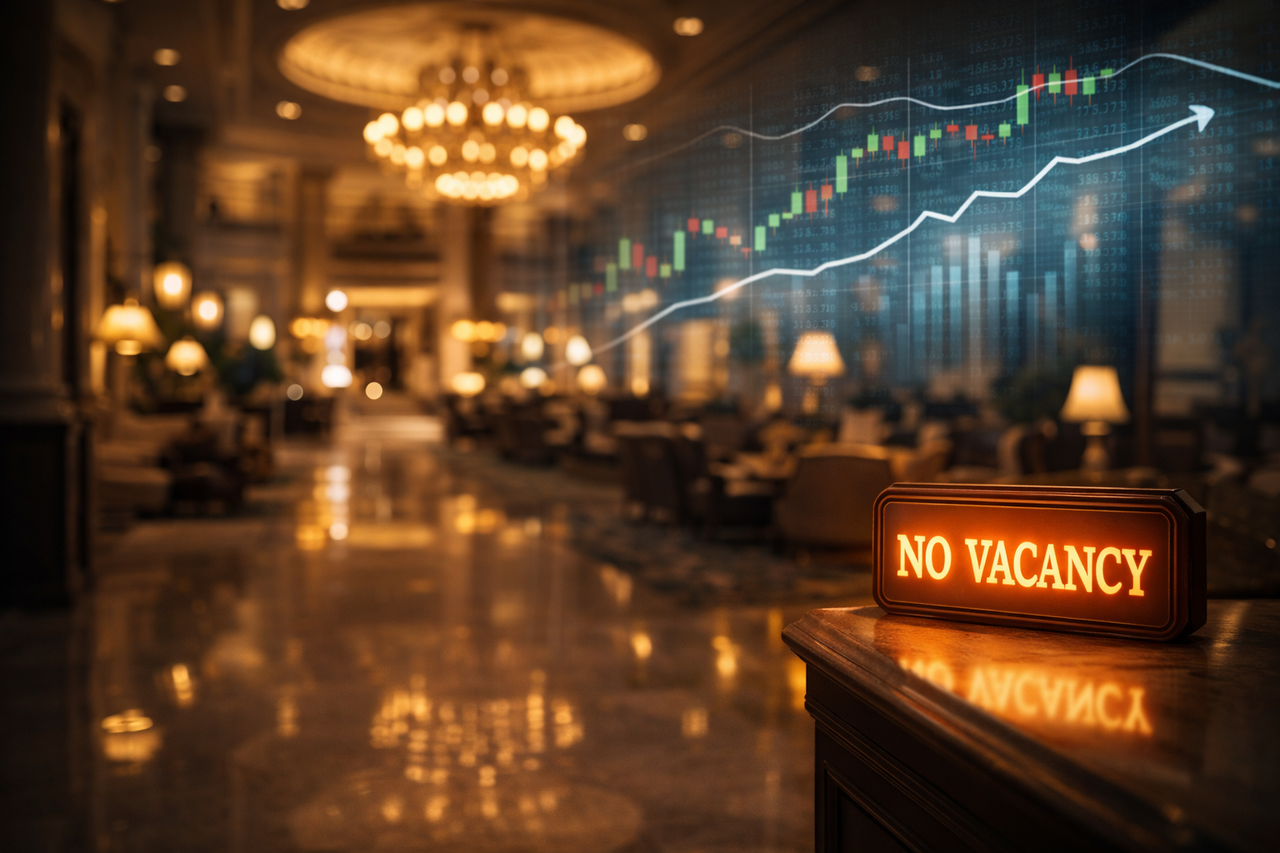 Luxury hotel lobby with no vacancy sign and subtle stock chart flattening at the top, symbolizing a high-quality but fully valued stock