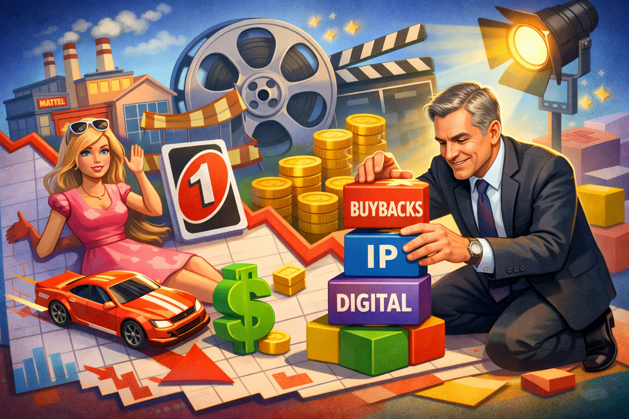 Illustration of Mattel’s iconic toys sitting on a falling stock chart while a CEO figure rebuilds the company using blocks labeled IP, Digital, and Buybacks, symbolizing Mattel’s turnaround strategy.