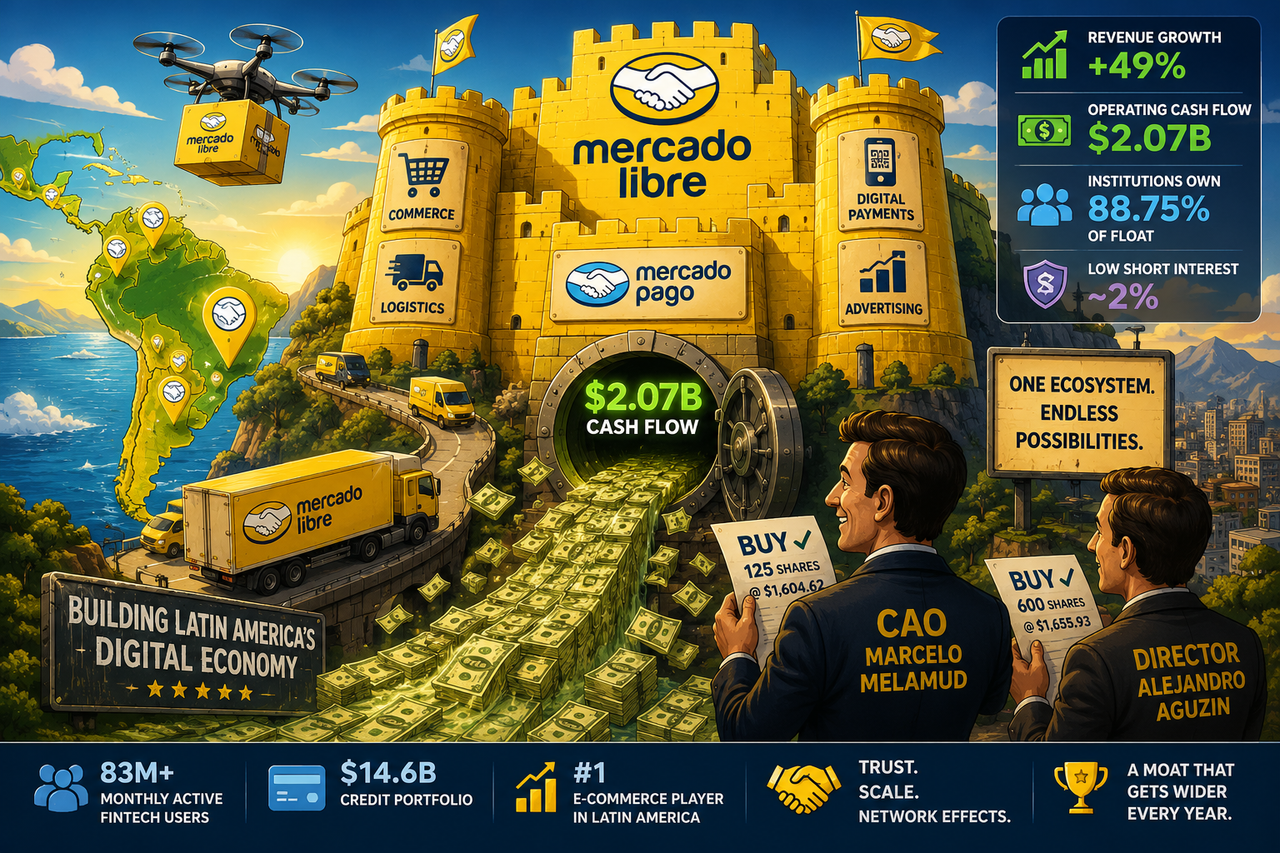 Illustration of a giant yellow MercadoLibre fortress overlooking Latin America, with delivery trucks, drones, digital payment icons, stacks of cash flowing into a vault, while executives purchase company shares in the foreground.