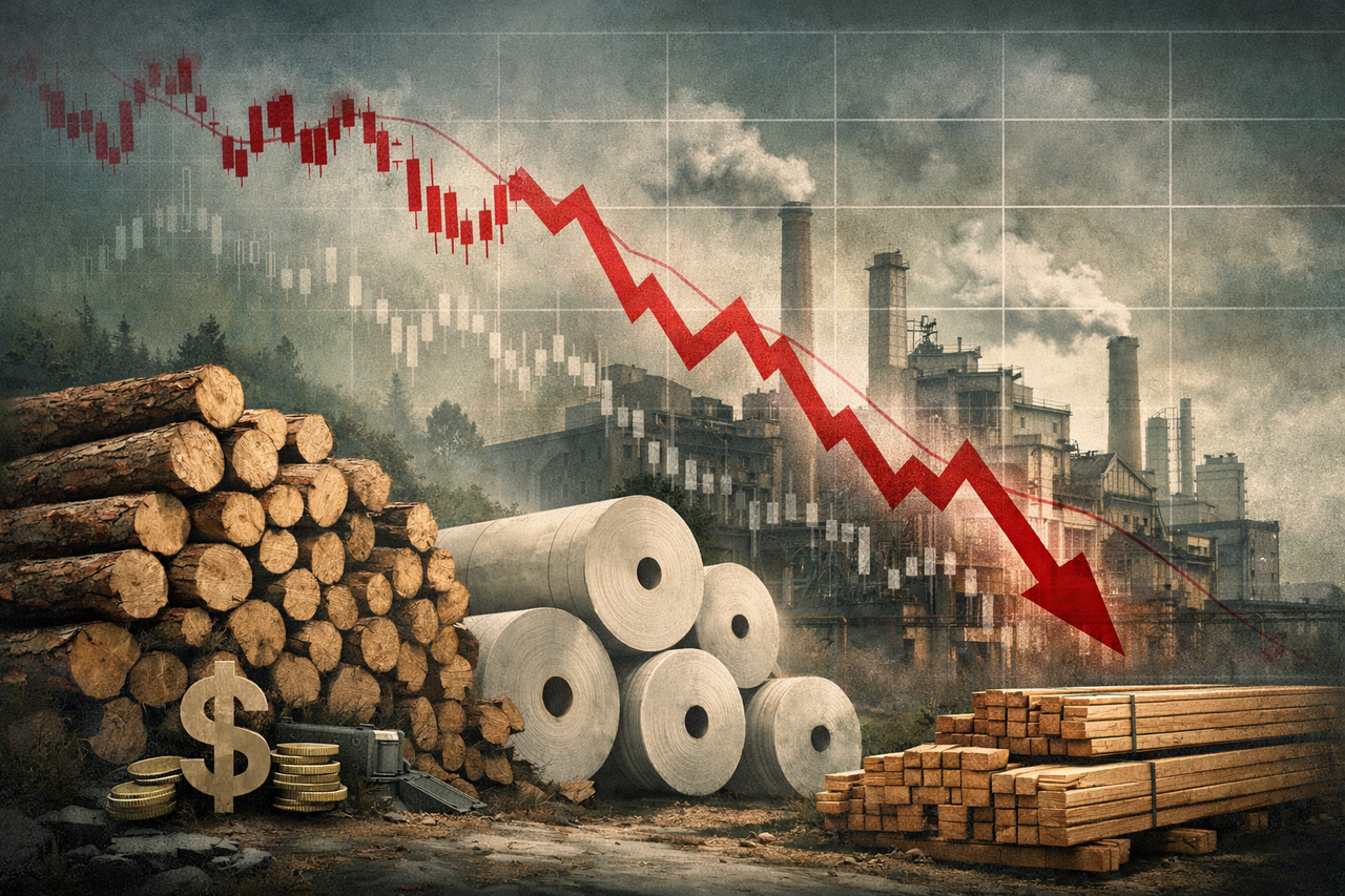 Illustration of Mercer International’s pulp and lumber operations with stacked timber, an industrial mill, and a declining stock chart symbolizing insider buying amid financial stress.
