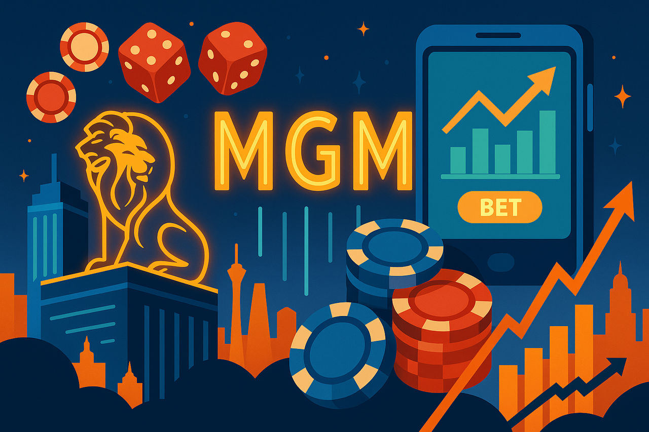 Illustration of MGM Resorts as a modern casino brand, blending Las Vegas neon, digital betting apps, and global expansion themes with stock market symbolism