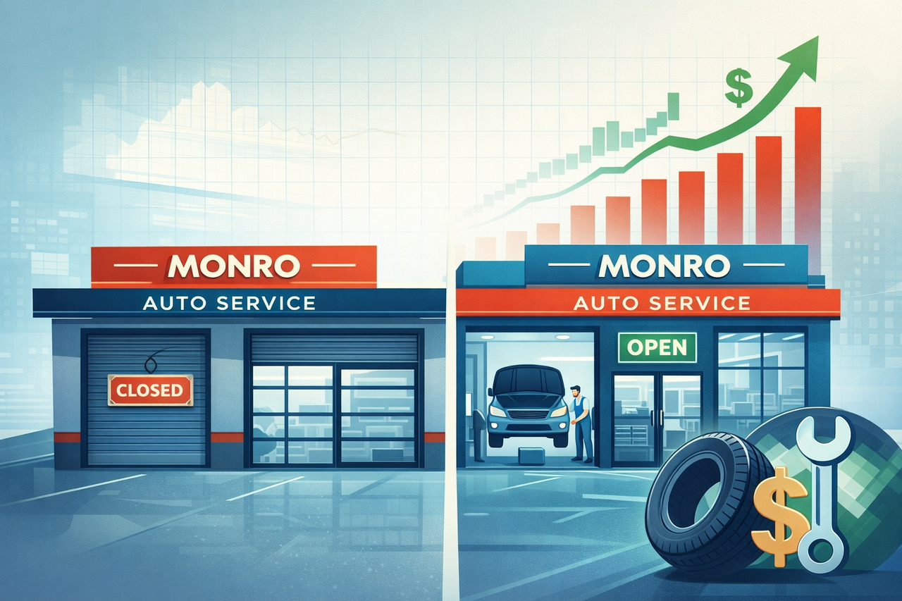 Stylized illustration of Monro auto repair shops after a turnaround, with fewer locations, rising margins, and financial charts symbolizing efficiency and profitability improvement.”