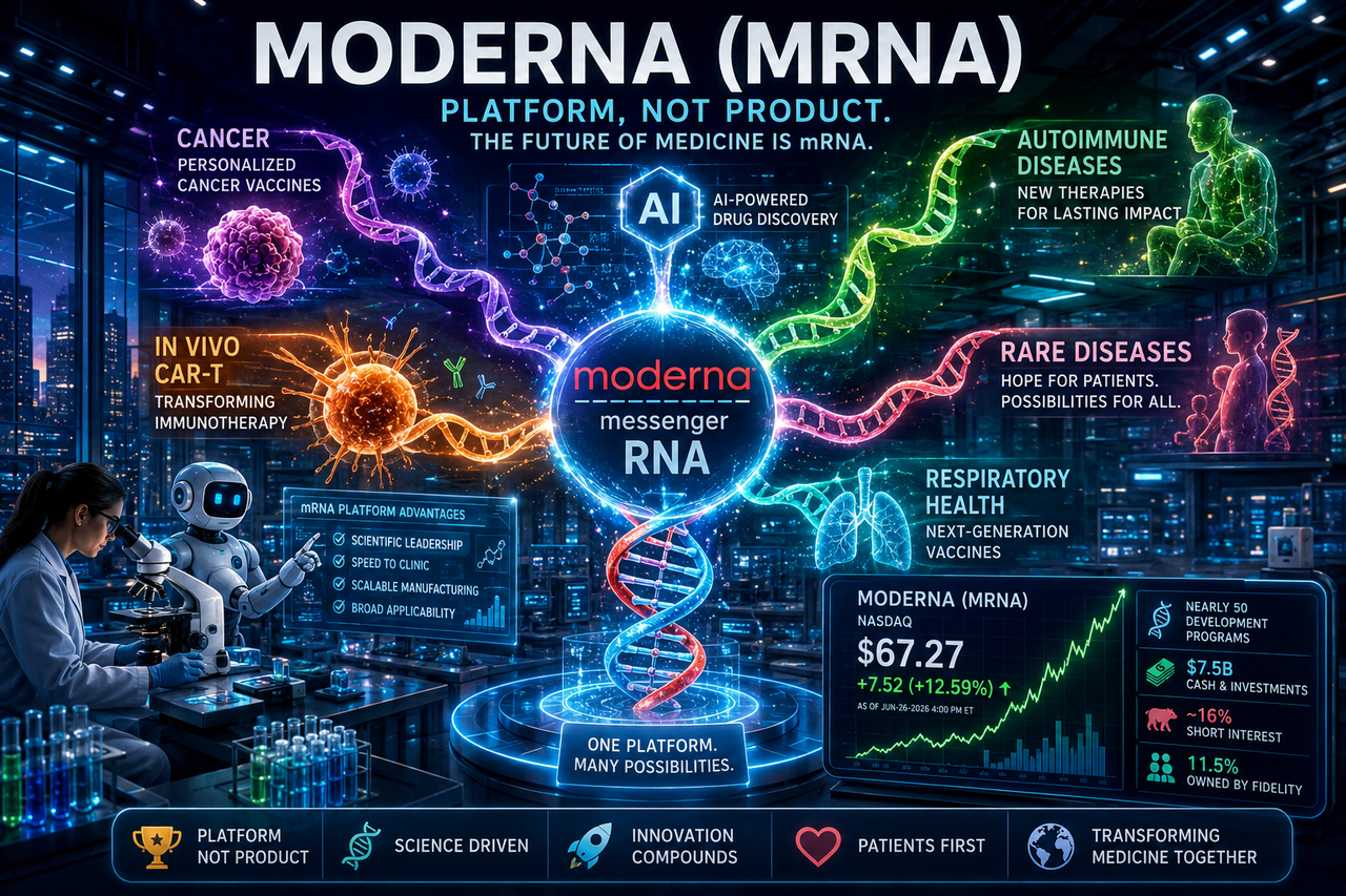 A futuristic biotech laboratory filled with glowing strands of messenger RNA weaving through multiple medical breakthroughs. At the center stands a luminous DNA-style platform branching into colorful pathways labeled 