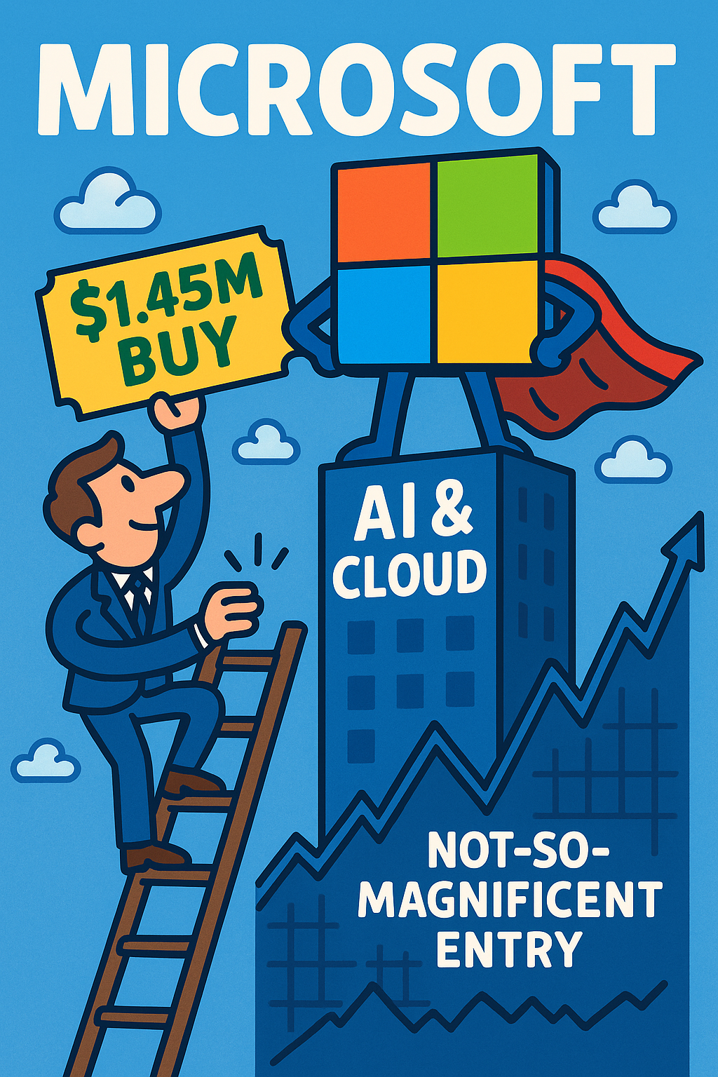 A playful digital illustration showing the Microsoft logo as a superhero atop an AI-and-Cloud tower, while a cartoon insider climbs a ladder holding a $1.45M ‘Buy’ ticket — symbolizing insider confidence, AI growth, and long-term strength.