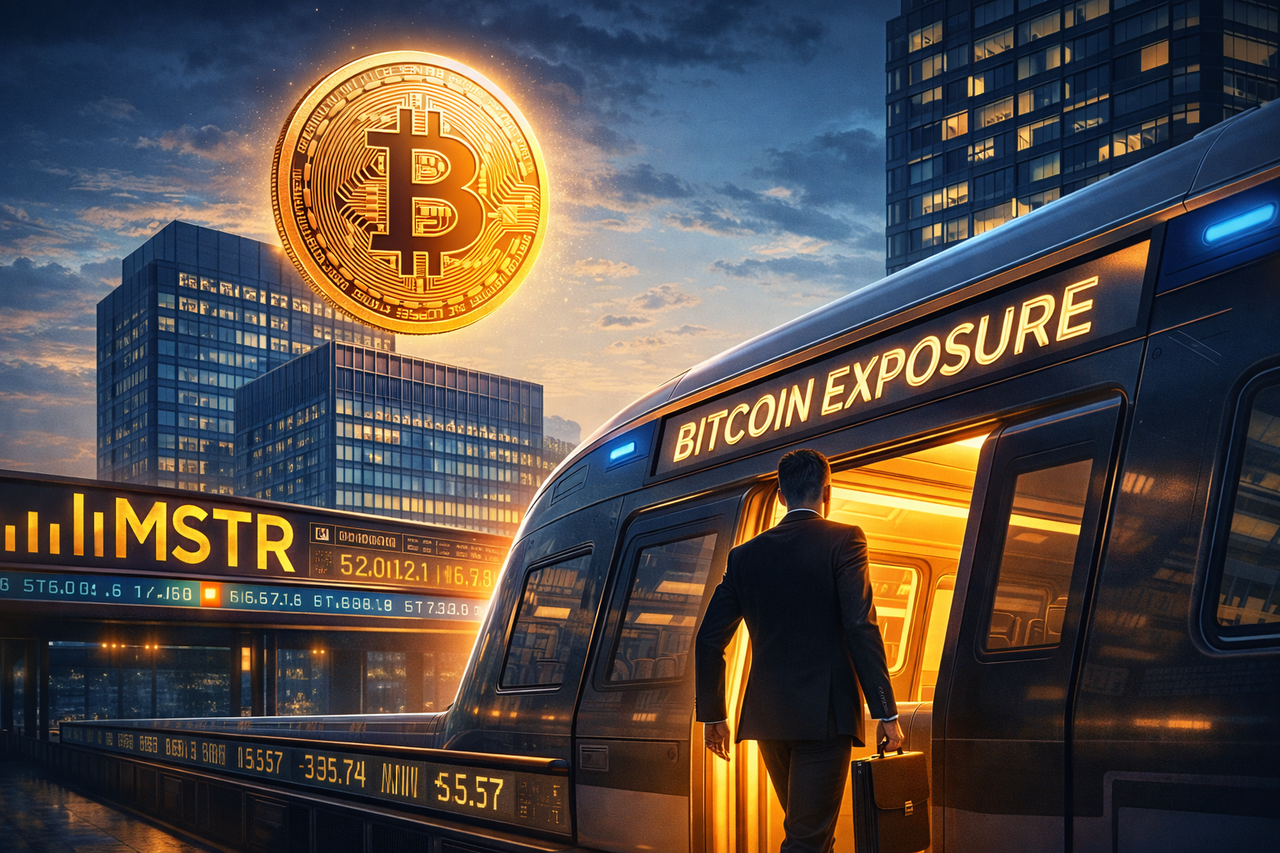 Illustration showing Bitcoin hovering above a corporate building with MSTR stock ticker, symbolizing Strategy Inc as a leveraged Bitcoin investment proxy.