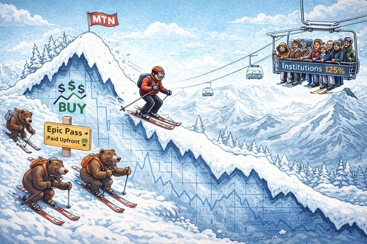 Illustration of a ski mountain shaped like a falling stock chart with a skier buying shares while bears chase and a crowded lift labeled institutional ownership, symbolizing Vail Resorts stock dynamics.