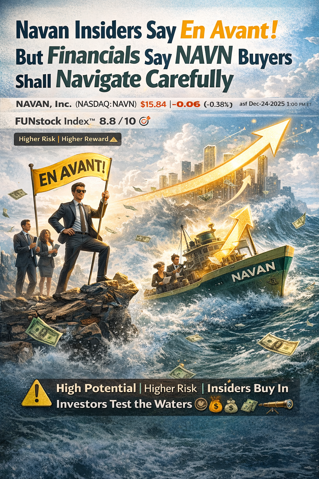 Illustration of a modern corporate traveler navigating charts, receipts, and AI-driven dashboards — symbolizing Navan’s travel-and-expense platform amid financial complexity.