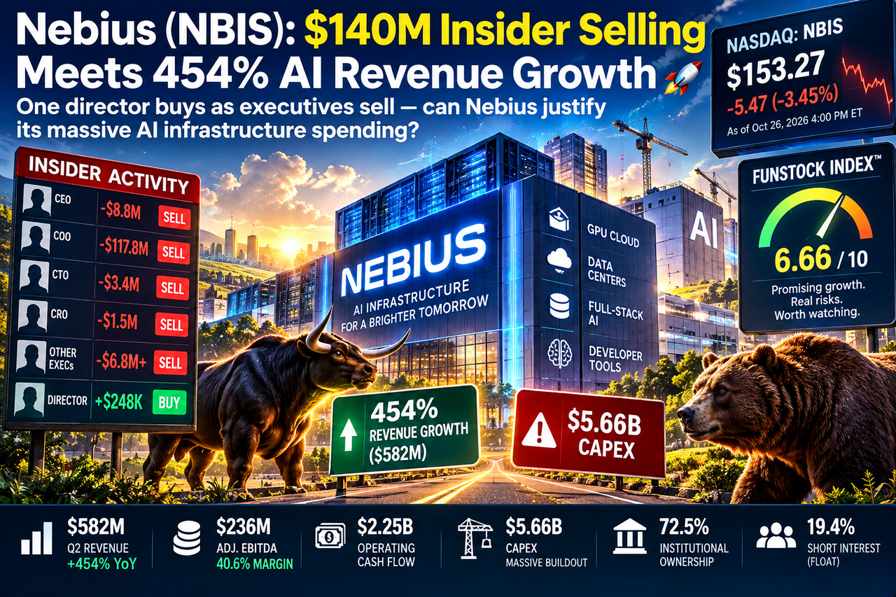 Nebius NBIS AI data center with GPU servers, rising revenue graphics and falling stock chart illustrating insider sales and capital spending risks.