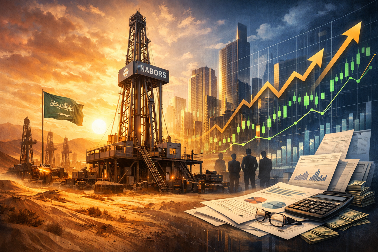 Illustration of an oil drilling rig representing Nabors Industries’ turnaround, hedge fund interest, and Saudi Aramco joint venture.