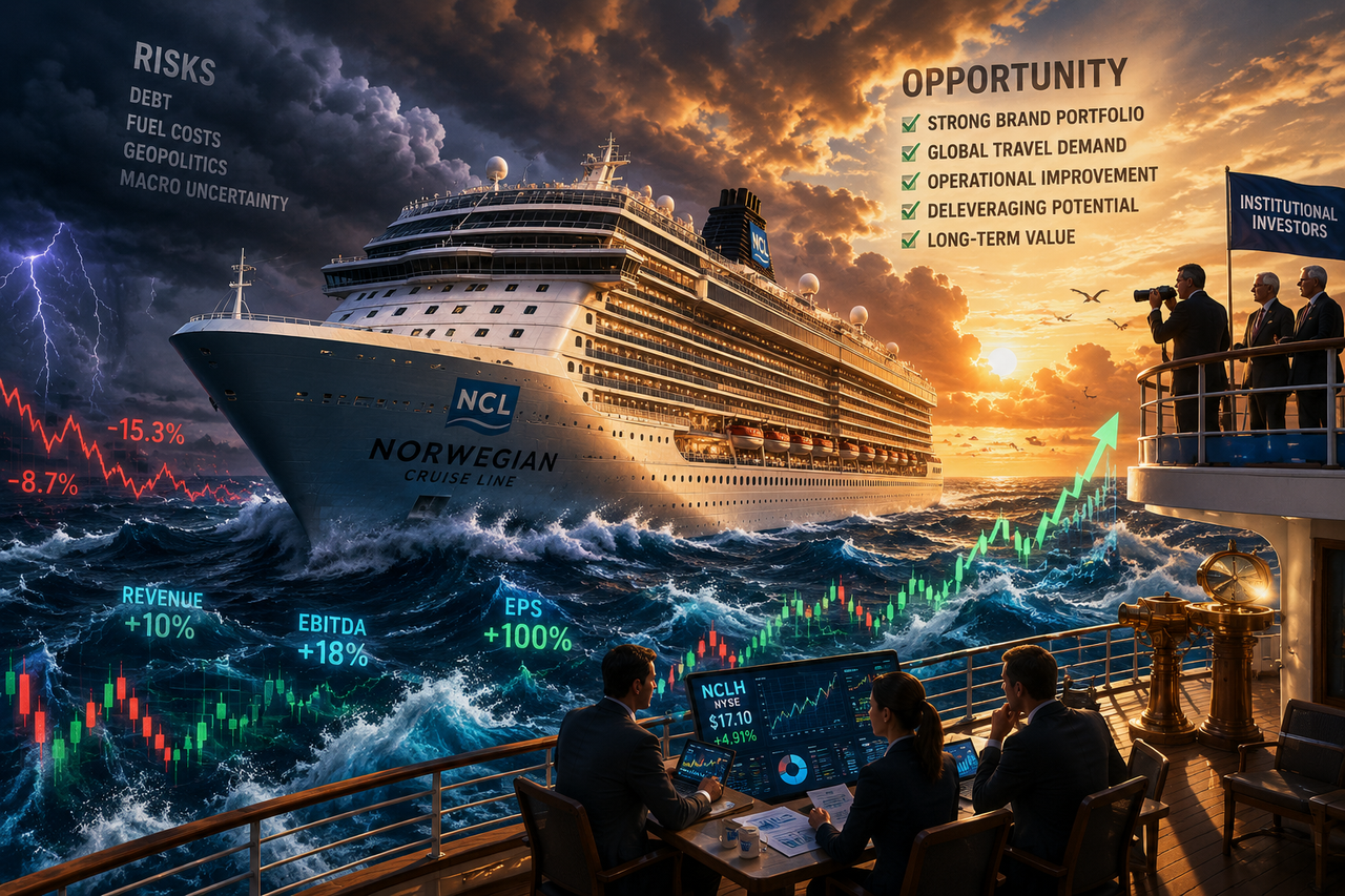Illustration of a massive luxury cruise ship navigating turbulent financial seas at sunset, with glowing stock charts emerging from ocean waves and dramatic storm clouds parting to reveal potential recovery for Norwegian Cruise Line Holdings.
