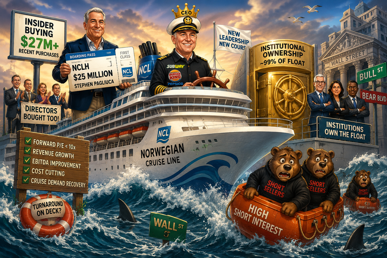 A humorous, cinematic cruise ship sailing through choppy Wall Street waters. On deck, a private-equity titan in a blazer holds a giant $25 million boarding pass, a fast-food executive captain wears a Burger King/Subway-style crown-and-captain hat