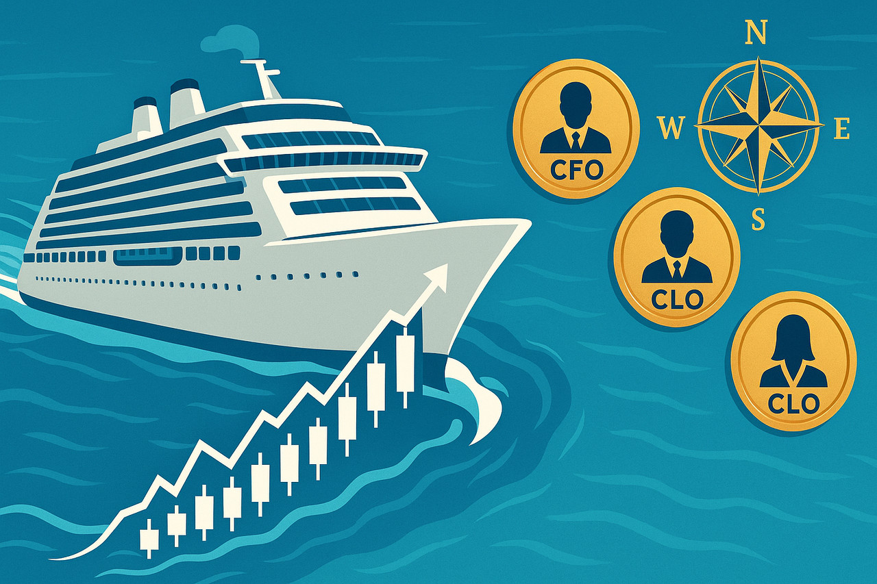 Cruise ship with a rising stock-chart wake and three gold insider badges (CEO, CFO, CLO), symbolizing NCLH insider buying and a potential course change.