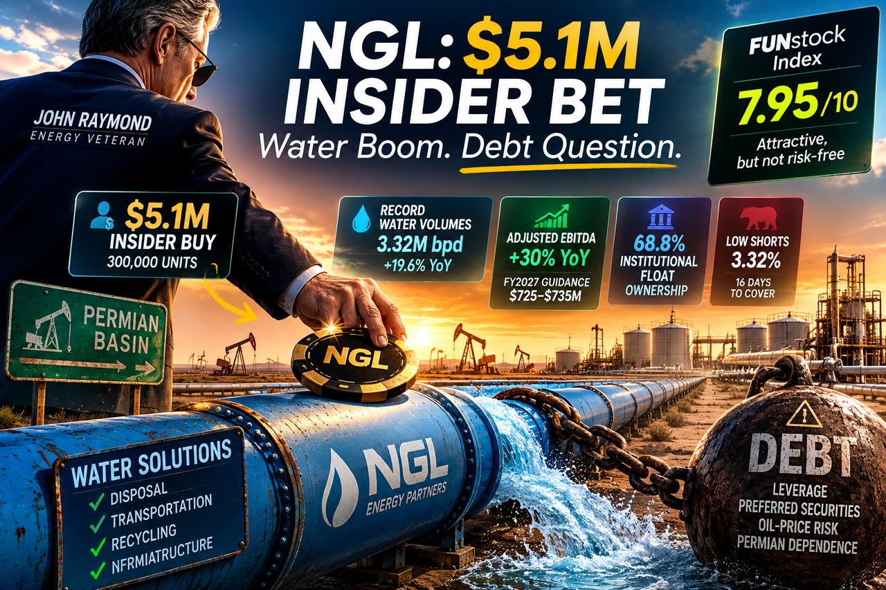 NGL Energy Partners illustration showing a $5.1M insider buy, Permian water infrastructure and debt risk behind its 7.95/10 FunStock rating.