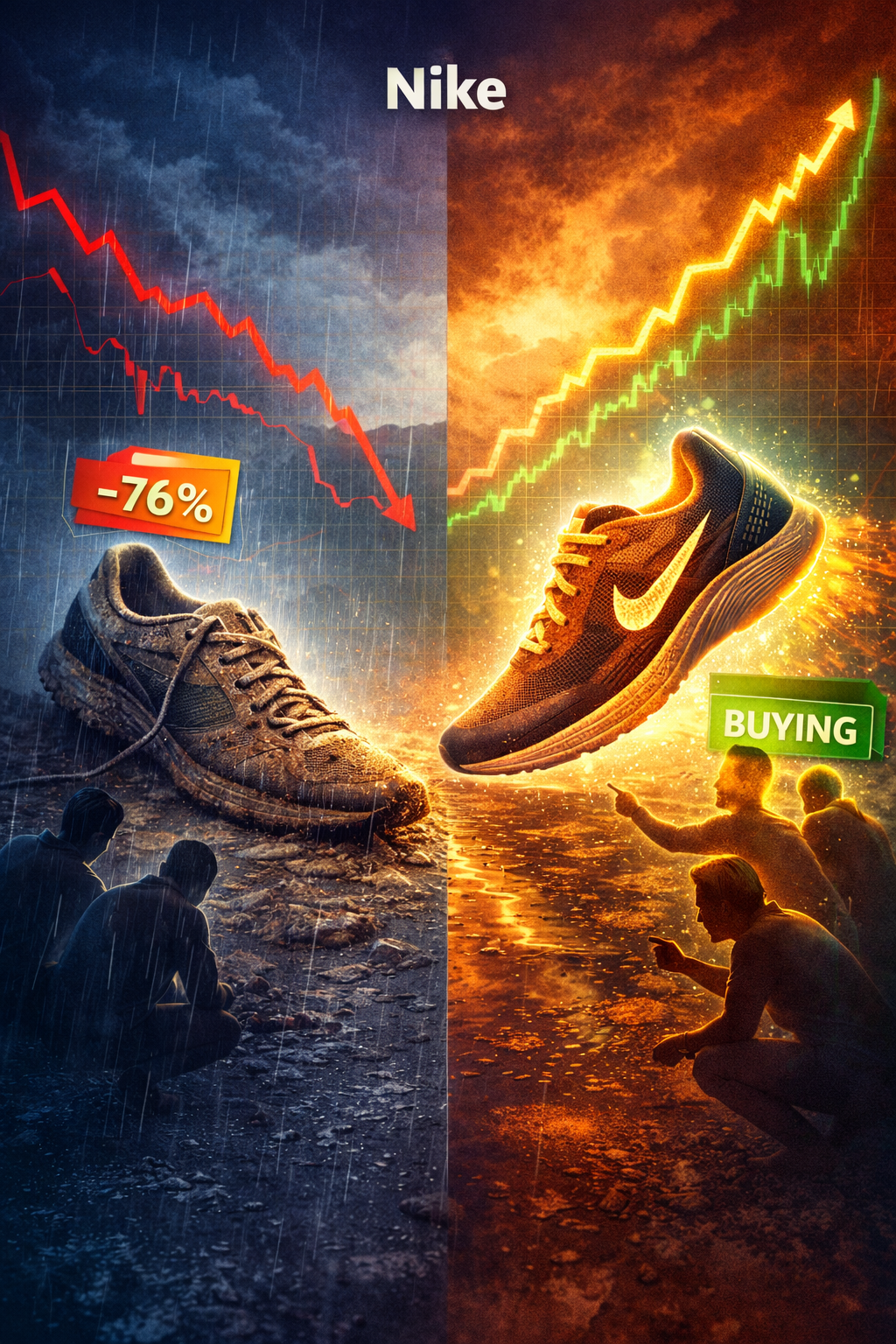Illustration of a worn sneaker representing Nike stock decline transitioning into a glowing running shoe symbolizing a potential turnaround, with a rising stock chart and investors buying at the bottom.