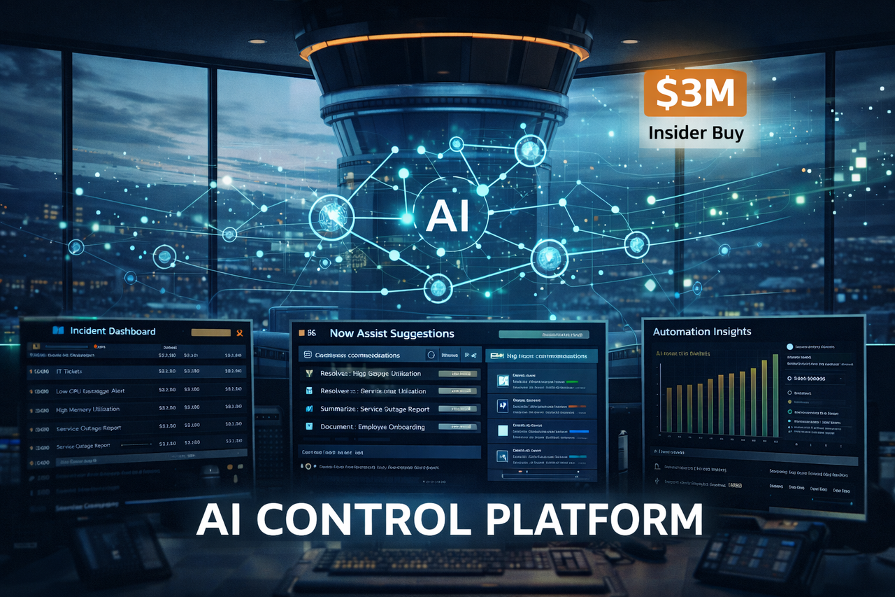 A futuristic enterprise dashboard resembling a control tower, with AI workflow nodes and automated ticketing visuals, symbolizing ServiceNow as an AI control platform.
