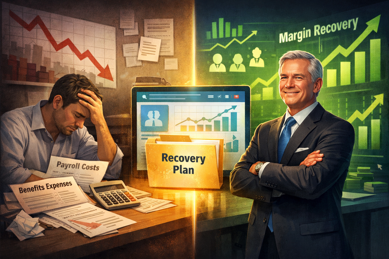 Illustration of Insperity as a turnaround stock, featuring a struggling office with payroll and benefits cost stress on one side and a confident executive reviewing HR recovery plans and improving charts on the other