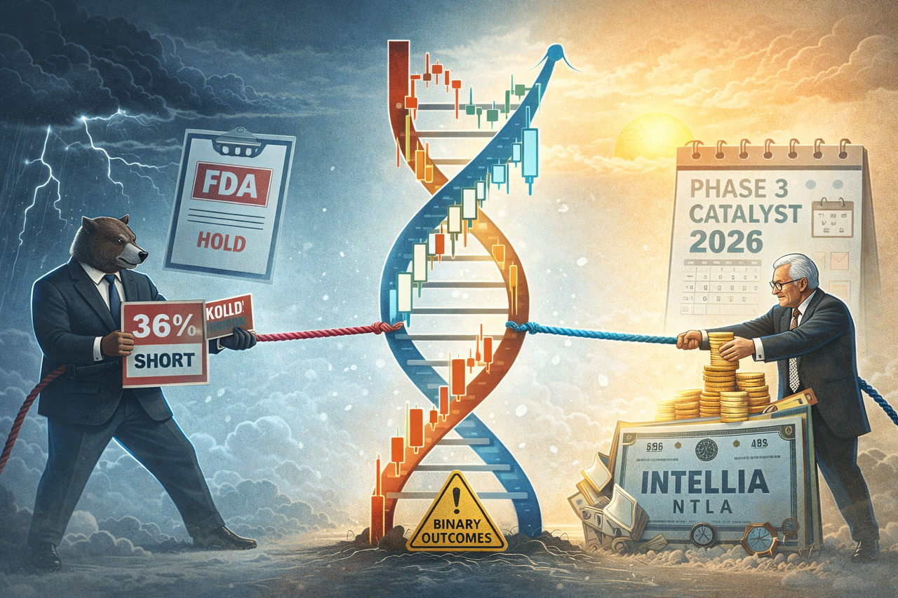 DNA stock chart tug-of-war between shorts and insider buyers for Intellia (NTLA).