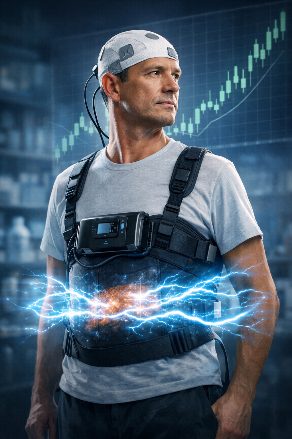 Futuristic illustration of Novocure’s wearable cancer-treatment technology emitting electric waves around a patient’s abdomen, symbolizing its FDA-approved pancreatic cancer therapy and NVCR stock’s high-risk, high-upside potential.