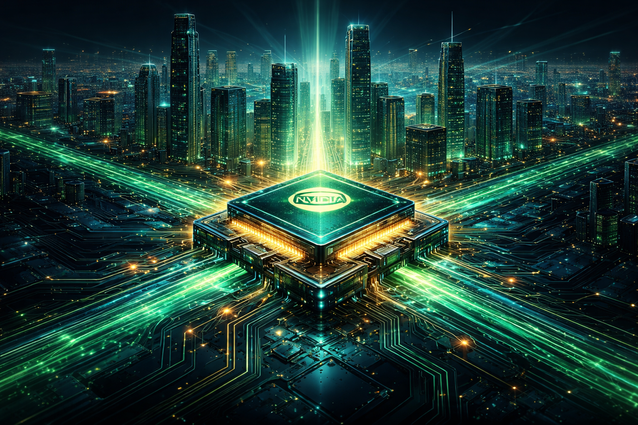 Futuristic AI chip powering a neon city, symbolizing NVIDIA’s dominance in artificial intelligence, data centers, and next-generation computing.