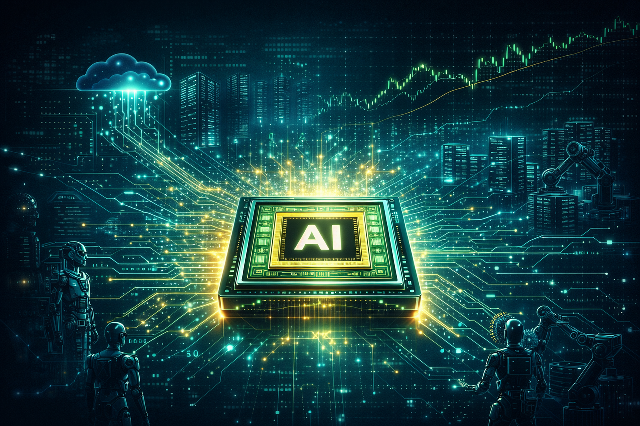 Illustration of an AI chip and data center network representing Nvidia’s dominance in artificial intelligence and semiconductor infrastructure.