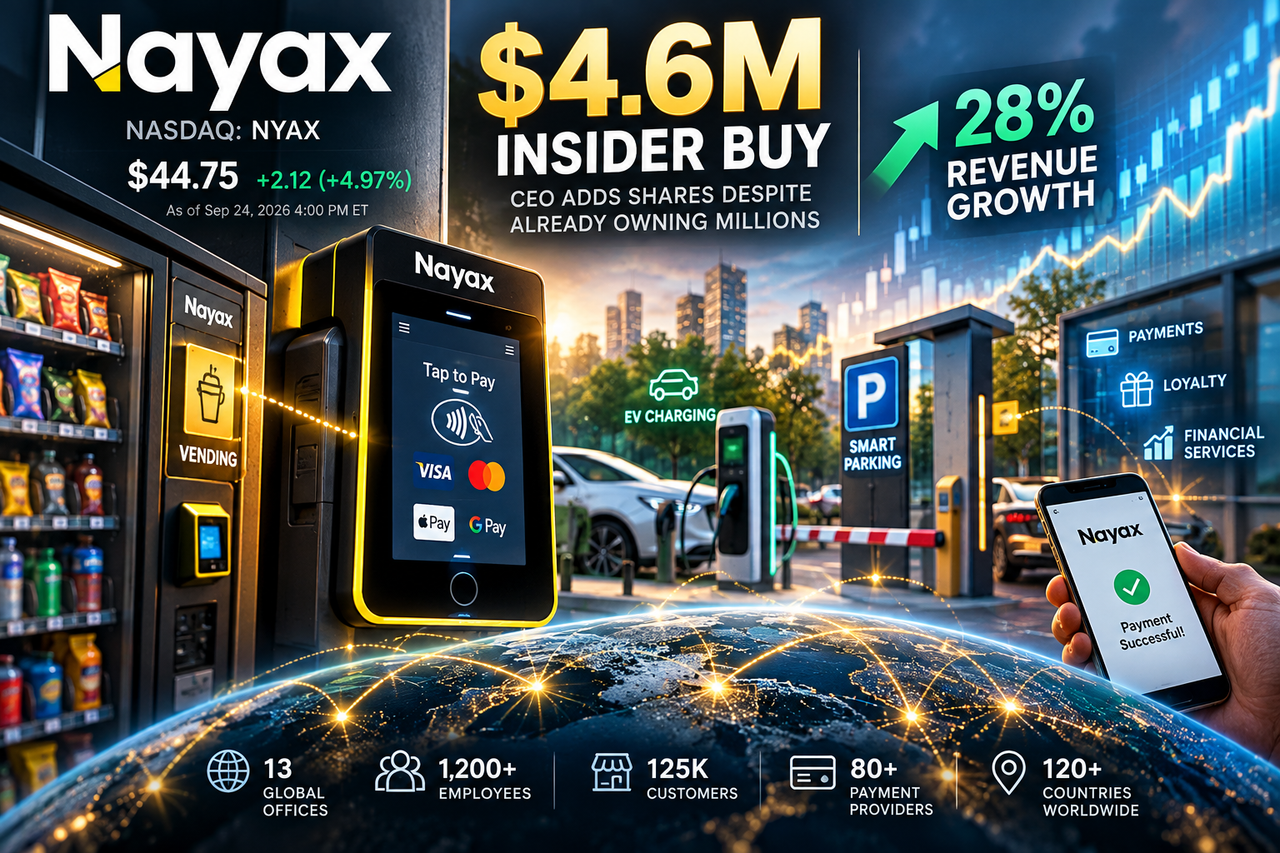 Nayax fintech ecosystem connecting payments, vending, EV charging and smart parking as its CEO buys $4.6 million of NYAX stock.