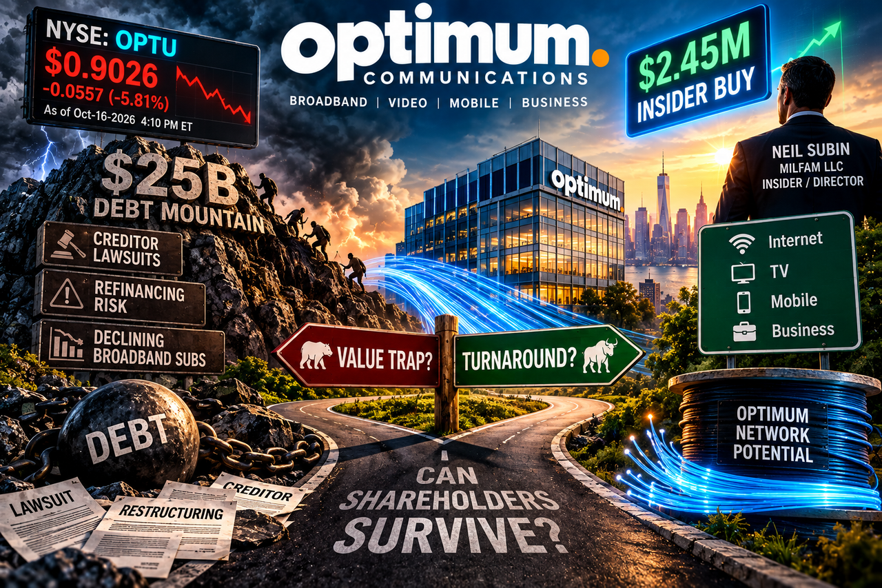 Optimum Communications (OPTU) stock illustration showing a $25B debt mountain, $2.45M insider buy, creditor lawsuits, and turnaround risks.  Copy alt text