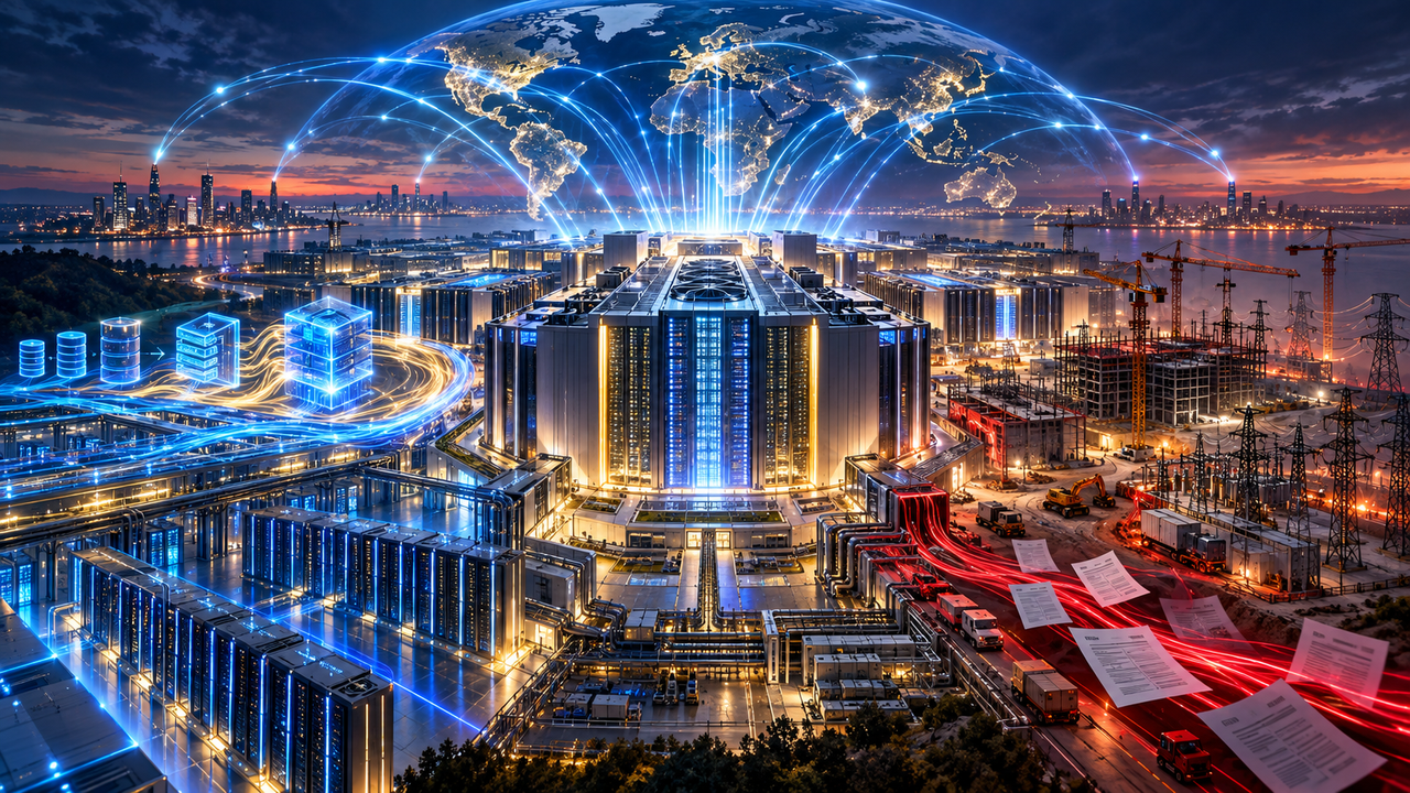 Oracle AI data-center illustration showing surging cloud demand, a $664 billion backlog, heavy capital spending and negative free cash flow.