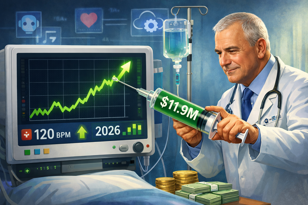 Illustration of a hospital patient monitor displaying a rising stock chart while a doctor injects a syringe labeled $11.9M, symbolizing Oscar Health’s turnaround driven by CEO insider buying and tech-driven healthcare innovation.