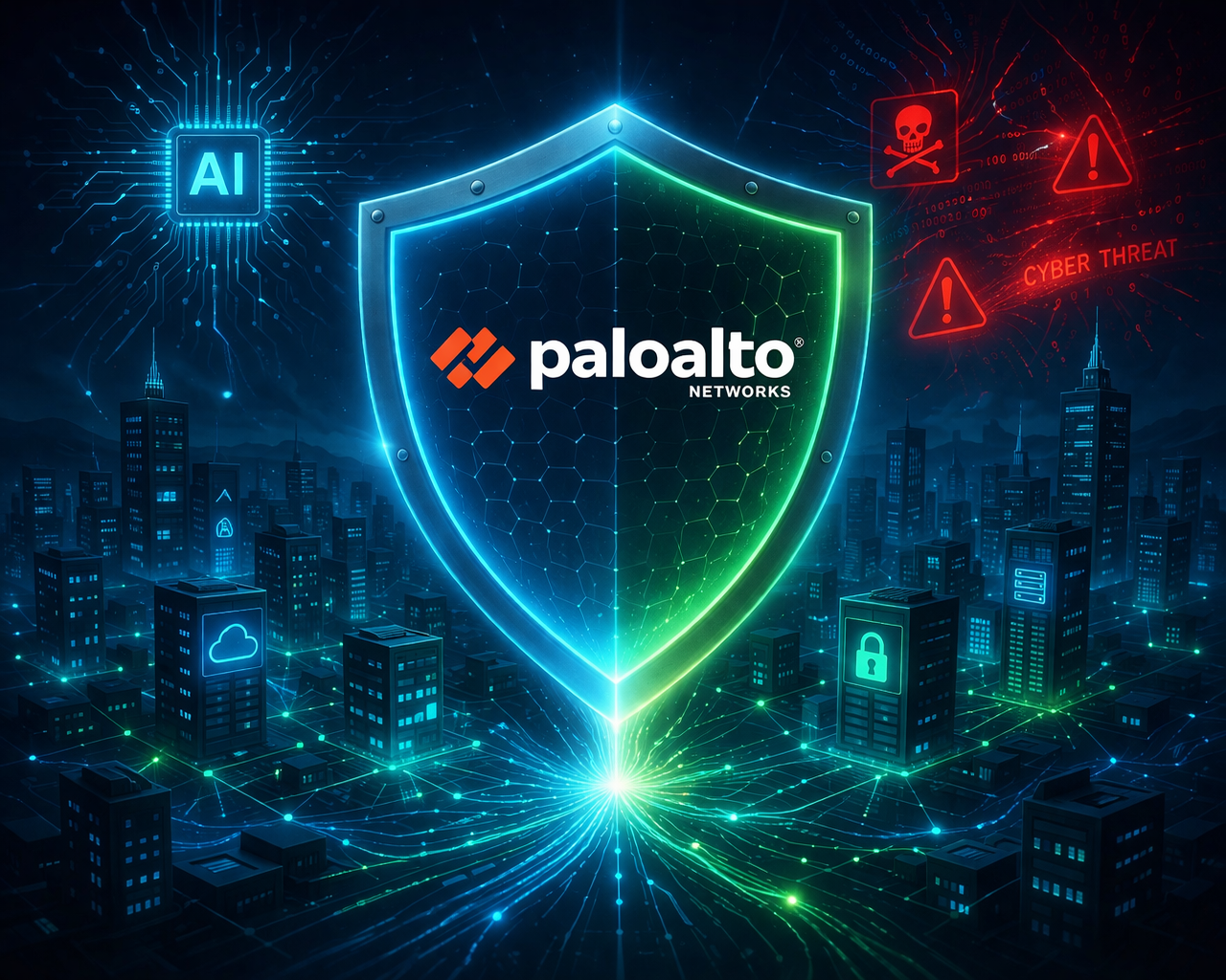 A glowing digital shield protecting a futuristic data network, symbolizing cybersecurity and Palo Alto Networks’ role in defending against cyber threats.