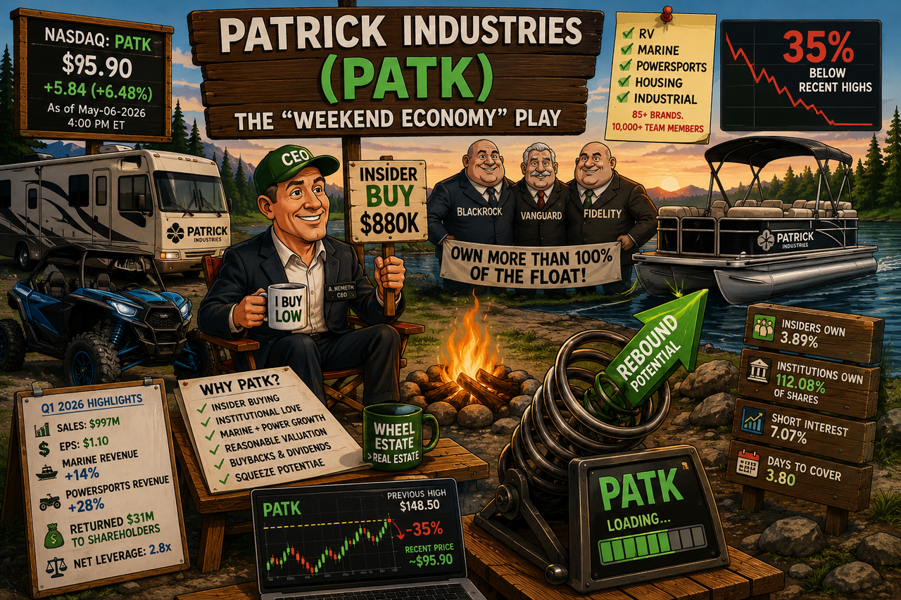 Patrick Industries PATK stock analysis showing RV, marine, and powersports icons with insider buying, institutional ownership, and a potential outdoor recreation rebound theme.
