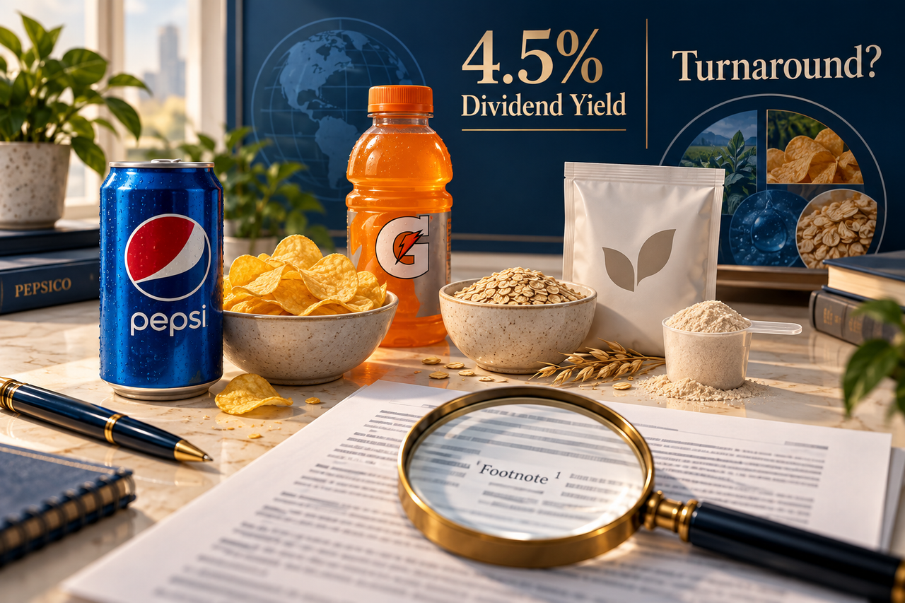 Editorial illustration of PepsiCo snacks, beverages and nutrition products beside a magnifying glass over a filing footnote, representing dividend income, GLP-1 adaptation and turnaround research.