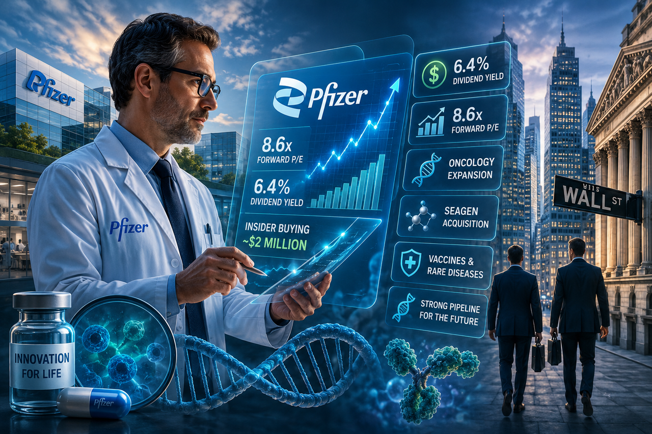 Editorial illustration depicting a physician reviewing Pfizer's financial outlook alongside biotechnology imagery, DNA strands, oncology research, dividend metrics, insider buying indicators, and rising valuation charts.