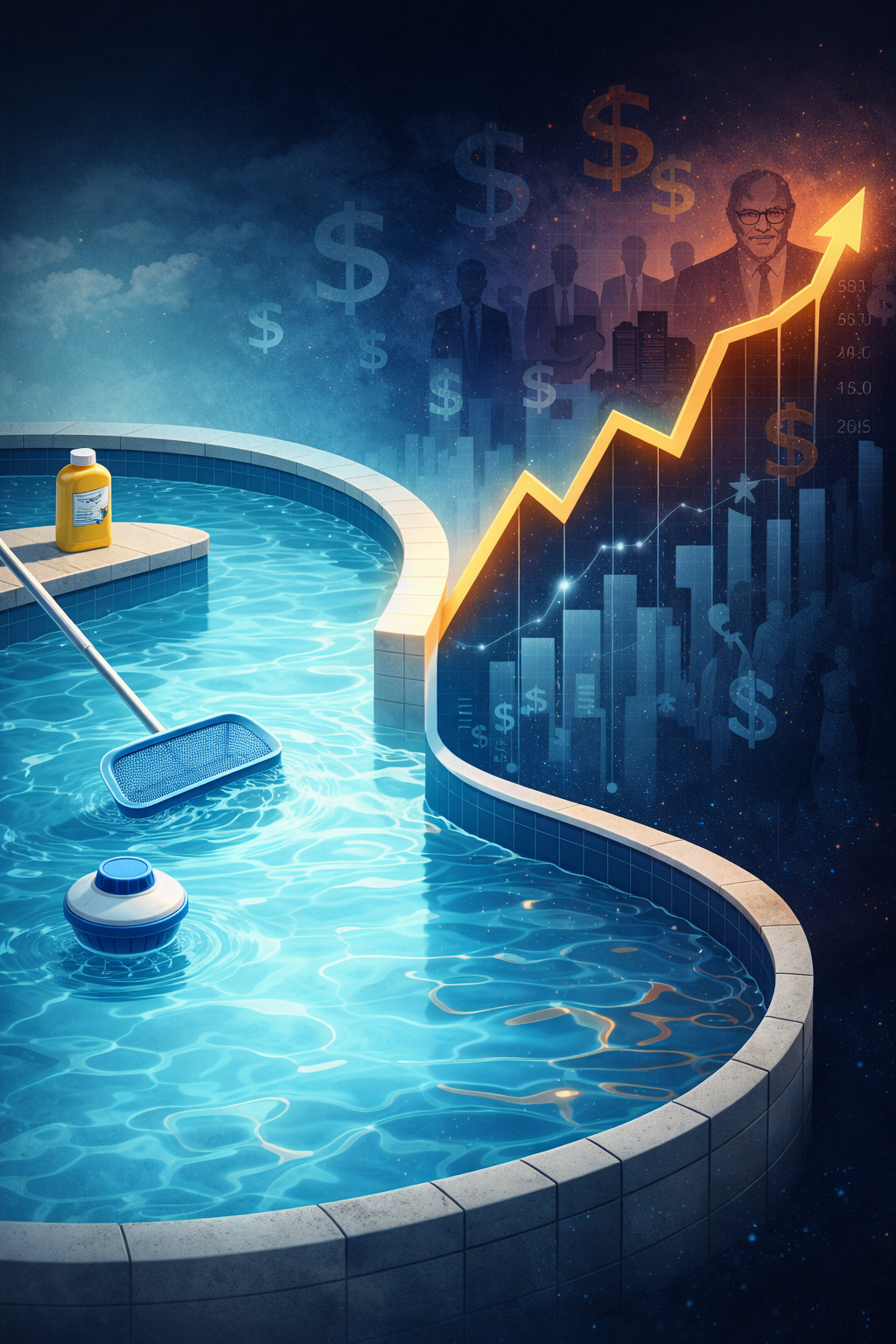 Illustration of a swimming pool blending into a rising stock chart, symbolizing Pool Corporation’s maintenance moat and long-term compounding business model.